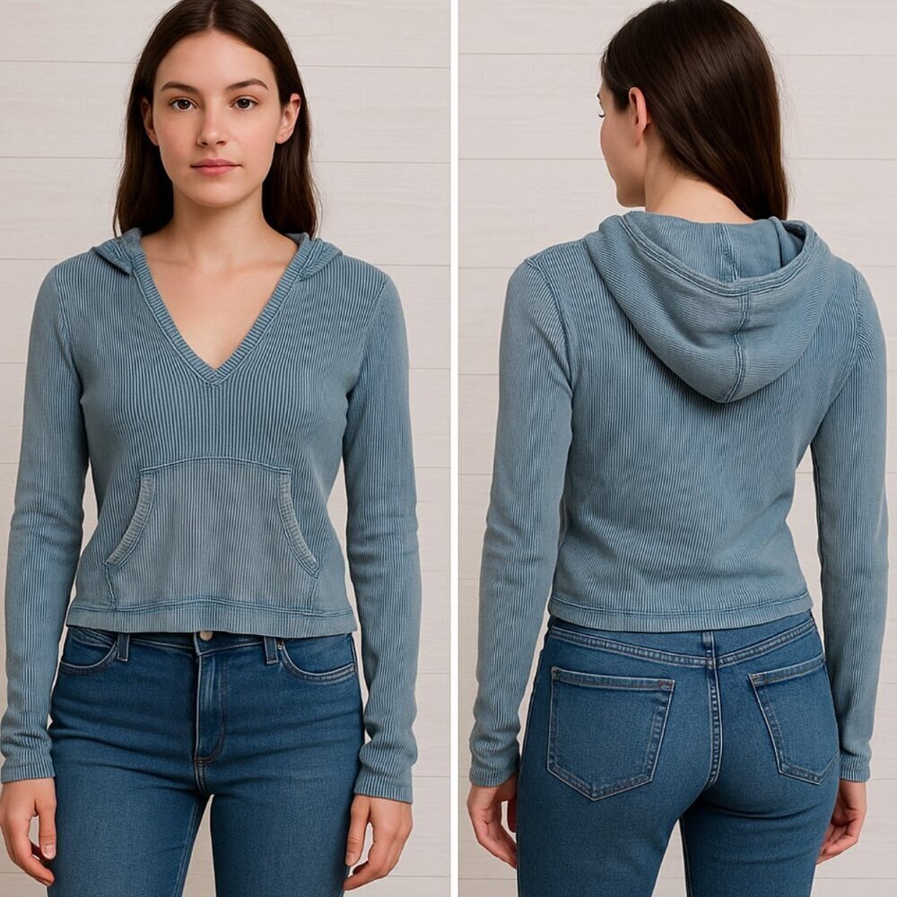 Urban Outfitters BDG Women's Small Light Blue Ribbed Pullover Hooded Sweatshirt